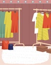 Wardrobe, womens clothing on stand in dressing room. Choosing clothes, garments for outfit concept Royalty Free Stock Photo