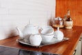 Ware tea cup set metal service silver tray interior home kitchen a beautiful Provence style porcelain Royalty Free Stock Photo