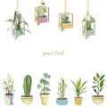 Warecolor banner with house plants in pots and equipment home decor. Hand painted decorative greenery collection for greeting card Royalty Free Stock Photo