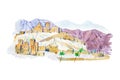 Warecolor illustration desert town aquarelle drawings cityscape