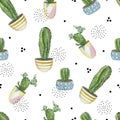 Warecolor seamless pattern with house plants in pots. Abstract cactus collection for wrapping paper, wallpaper decor, textile fabr