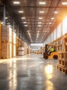 Warehouse Action Scene: Workers Operating Forklift Amidst Stacked Pallets in Daylight Royalty Free Stock Photo