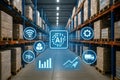 Warehouse with AI technology icons and data visualization overlays logistics supply chain Royalty Free Stock Photo
