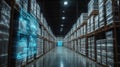 Warehouse aisle with pallets stacked high and holographic data display Royalty Free Stock Photo