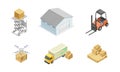 Warehouse as Area for Goods Storage and Logistics with Forklift and Drone Delivering Parcel Isometric Vector Set