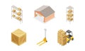 Warehouse as Area for Goods Storage and Logistics with Forklift Moving Cardboard Boxes and Rack with Parcel Isometric