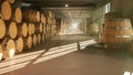 Warehouse with barrels for wine, whiskey or other alcohol. Barrels lying in several rows. 3D Rendering