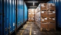 A warehouse with blue containers and pallets of boxes Royalty Free Stock Photo