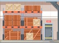 Warehouse with boxes. Storehouse interior with wooden crates pallets containers for shipment, logistic delivery service