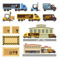 Warehouse building and transportation vehicles flat vector icons set Royalty Free Stock Photo