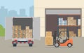 Warehouse building, truck and Forklift truck on city background.