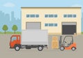 Warehouse building, truck and Forklift truck on city background. Warehouse Equipment, cargo delivery, storage service.