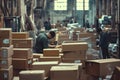 The warehouse is bustling with workers busy packing and sorting boxes to handle goods efficiently Royalty Free Stock Photo