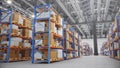 Warehouse with cardboard boxes inside on pallets racks, logistic center. Huge, large modern warehouse. Warehouse filled