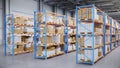 Warehouse with cardboard boxes inside on pallets racks, logistic center. Huge, large modern warehouse. Warehouse filled