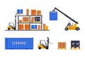 Warehouse with Cargo Container, Forklift Loader and Rack with Cardboard Box Vector Set