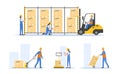 Warehouse And Cargo Goods Concept. Workers In Uniform Loading Goods With Forklift And Pallet Jack, Scan Barcode With Royalty Free Stock Photo