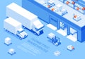 Warehouse cargo pallet storage truck transportation isometric banner with place for text vector