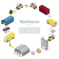 Warehouse, cargo transportation icons in circle vector poster. Warehouse shipping and delivery, transportation of goods