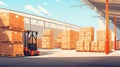 Warehouse center. Pallets with boxes in building. Forklift inside storage hangar. Cardboard parcels on boxes. Warehouse area.