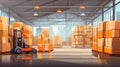 Warehouse center. Pallets with boxes in building. Forklift inside storage hangar. Cardboard parcels on boxes. Warehouse area.