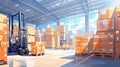 Warehouse center. Pallets with boxes in building. Forklift inside storage hangar. Cardboard parcels on boxes. Warehouse area.