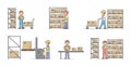 Warehouse Concept. Set Of Workers At Work On Warehouse. Characters Sort, Pack And Shipment Cargo Using Equipment