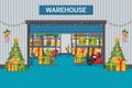 Warehouse decorated with lights and Christmas tree with pallet racks with gift boxes. Santa Claus driving a forklift. Christmas