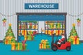 Warehouse decorated with lights and Christmas tree with pallet racks with gift boxes. Santa Claus driving a forklift. Christmas