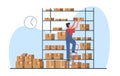Warehouse or delivery employee arranges cardboard boxes on shelves of rack. Merchandise shipping in storehouse