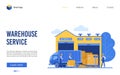 Warehouse delivery logistic service vector illustration, cartoon flat website interface design for warehousing business