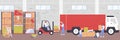 Warehouse delivery process vector illustration, cartoon flat worker people using loader forklift for loading boxes to
