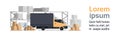 Warehouse Delivery, Truck Car Over Containers Building. Shipping And Transportation Concept Horizontal Banner With Copy