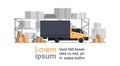 Warehouse Delivery, Truck Car Over Containers Building. Shipping And Transportation Concept