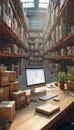 Warehouse desk with computer and shipping boxes Royalty Free Stock Photo