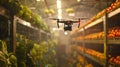In a warehouse drones hover over rows of produce monitoring temperature and humidity levels to ensure optimal storage