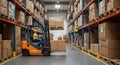 Warehouse Efficiency: Forklift, Worker Team Storing Boxes Safety & Productivity in Industrial Logistics, Storage & Supply Chain