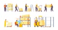 Warehouse employees. Storehouse workers, people work in storage worker on forklift for stock box carrying load cargo