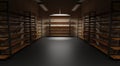 Warehouse with empty racks night. Realistic interior of dark industrial storage room with wooden shelves on metal base