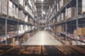 Warehouse with empty table background for product. Blurred industrial warehouse with goods. Logistics, business Royalty Free Stock Photo