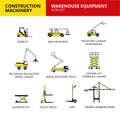Warehouse equipment machinery vehicle and transport car construction machinery icons set vector Royalty Free Stock Photo