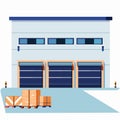 Warehouse exterior with loading docks and stacked cargo in a clear daytime setting Royalty Free Stock Photo