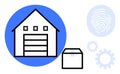 Warehouse facility with box, fingerprint, and gears symbolizing logistics, security, and process efficiency Royalty Free Stock Photo