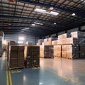 A warehouse within the factory filled with neatly stacked boxes containing solar cell parts. The image conveys the organization