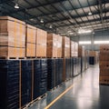 A warehouse within the factory filled with neatly stacked boxes containing solar cell parts. The image conveys the organization