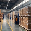 A warehouse within the factory filled with neatly stacked boxes containing solar cell parts. The image conveys the organization