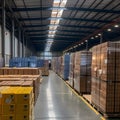 A warehouse within the factory filled with neatly stacked boxes containing solar cell parts. The image conveys the organization