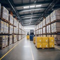 A warehouse within the factory filled with neatly stacked boxes containing solar cell parts. The image conveys the organization