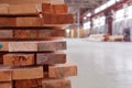 Warehouse or factory for sawing boards on sawmill indoors. Wood timber stack of wooden blanks construction material