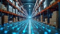 Warehouse filled with boxes. Digital network lines on floor represent data flow. Modern tech integration for efficient Royalty Free Stock Photo
